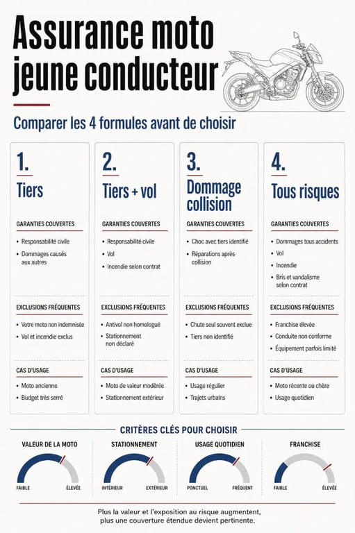Comment bien choisir son assurance moto quand on est jeune conducteur : comparaison des formules tiers, tiers + vol, dommage collision et tous risques